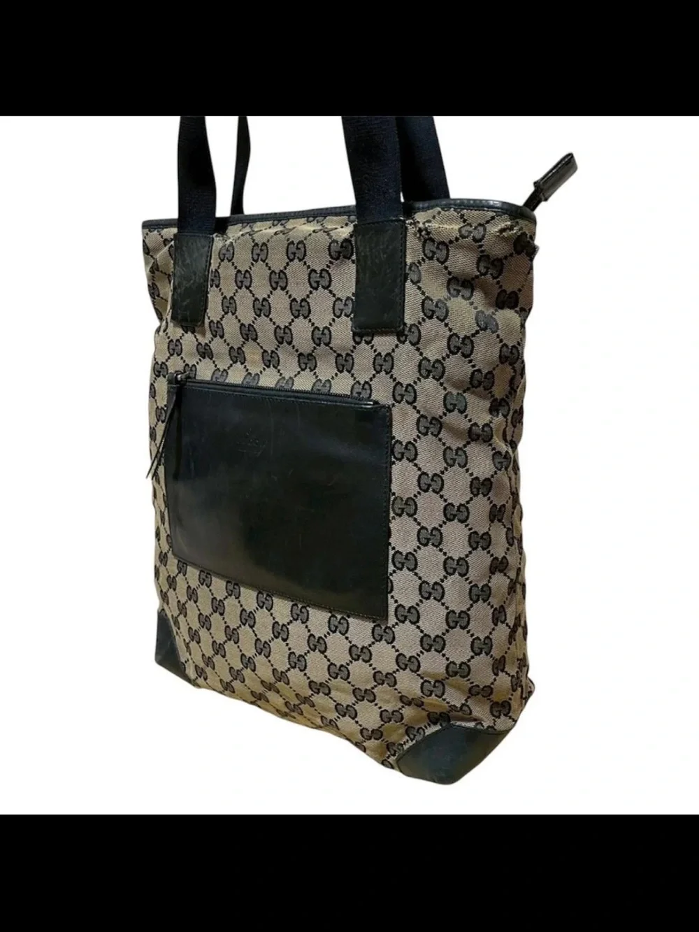 Gucci Beige GG Canvas Tote with Black Leather Accents